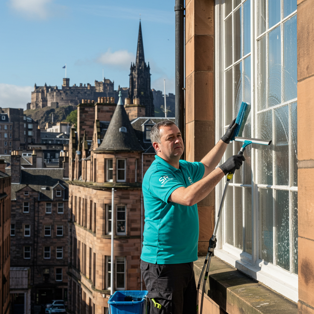 SR Cleaning professional window cleaning with Edinburgh Castle in background